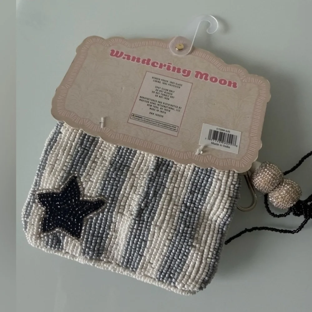 🩶▪️Wandering moon▪️ Blue White Striped Beaded Star zipper Pouch Beaded Tassle